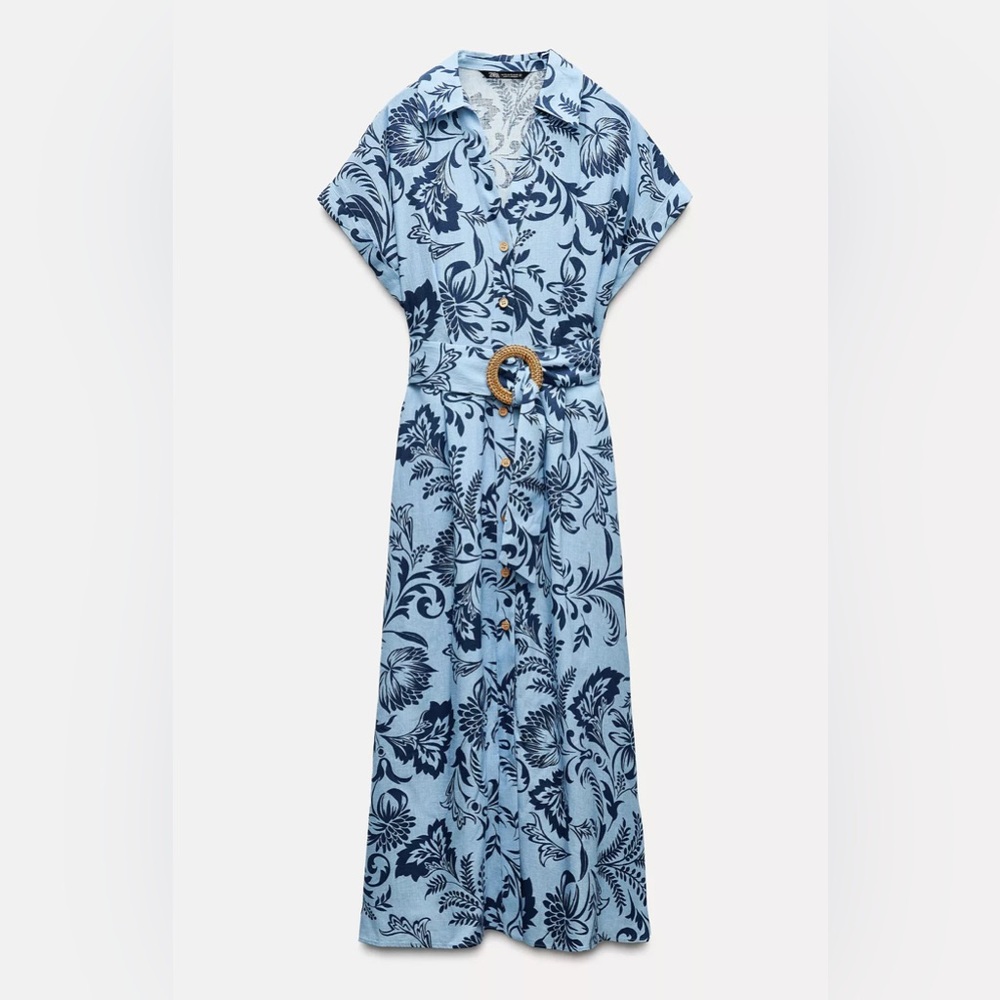 Zara Blue Floral Button-Down Dress with Belt